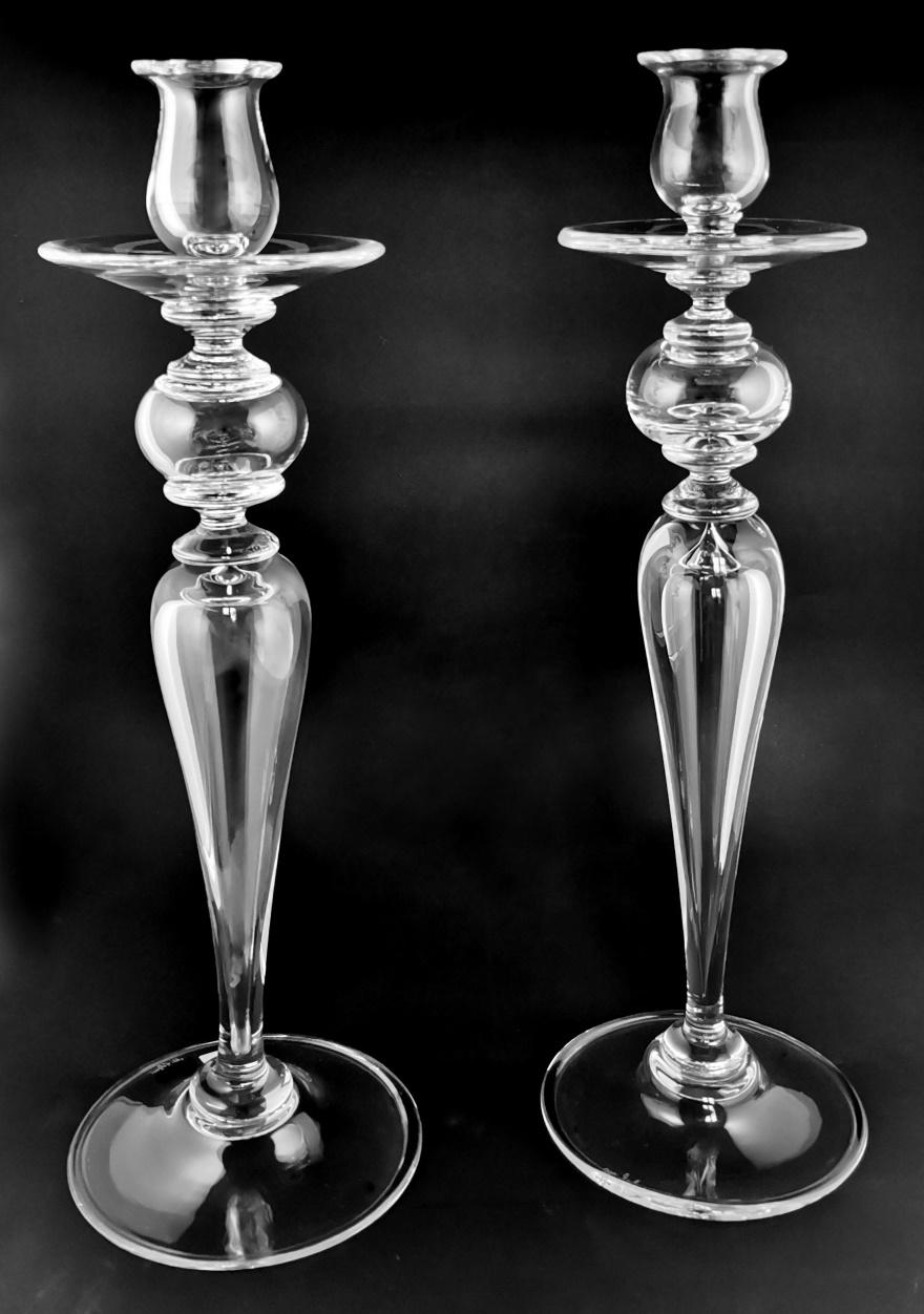 Hand-Crafted Art Deco Style Pair Of Italian Crystal Candlesticks