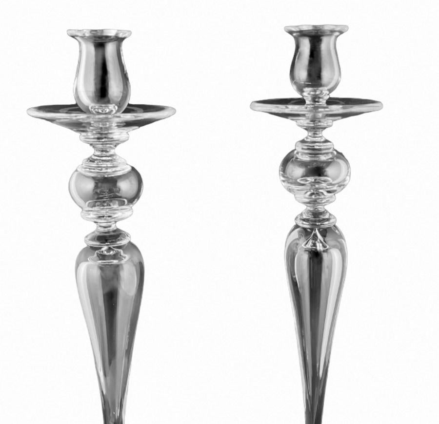 20th Century Art Deco Style Pair Of Italian Crystal Candlesticks