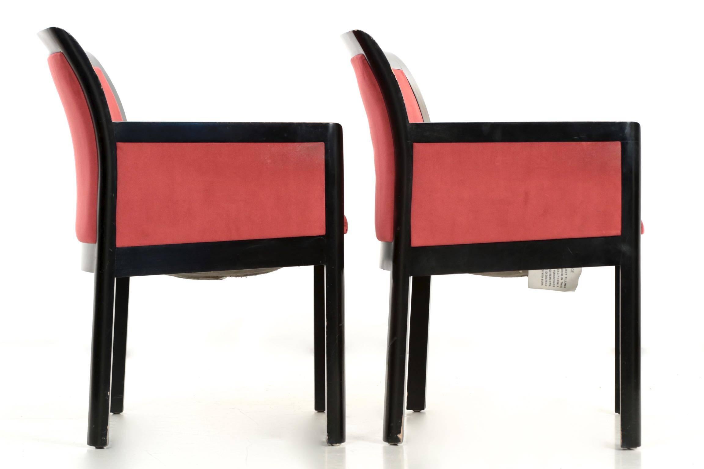 American Art Deco Style Pair of Maroon Micro-Suede and Black Ebonized Armchairs