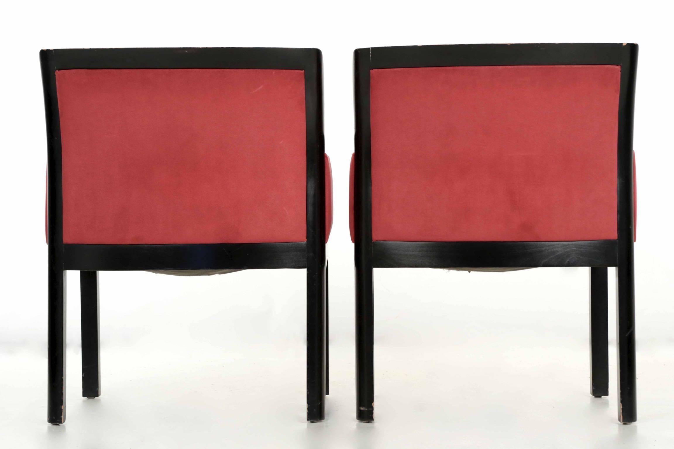 Art Deco Style Pair of Maroon Micro-Suede and Black Ebonized Armchairs In Good Condition In Shippensburg, PA