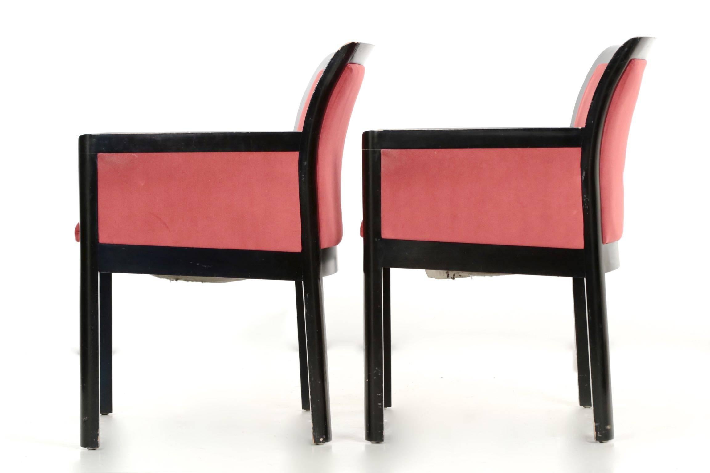 20th Century Art Deco Style Pair of Maroon Micro-Suede and Black Ebonized Armchairs
