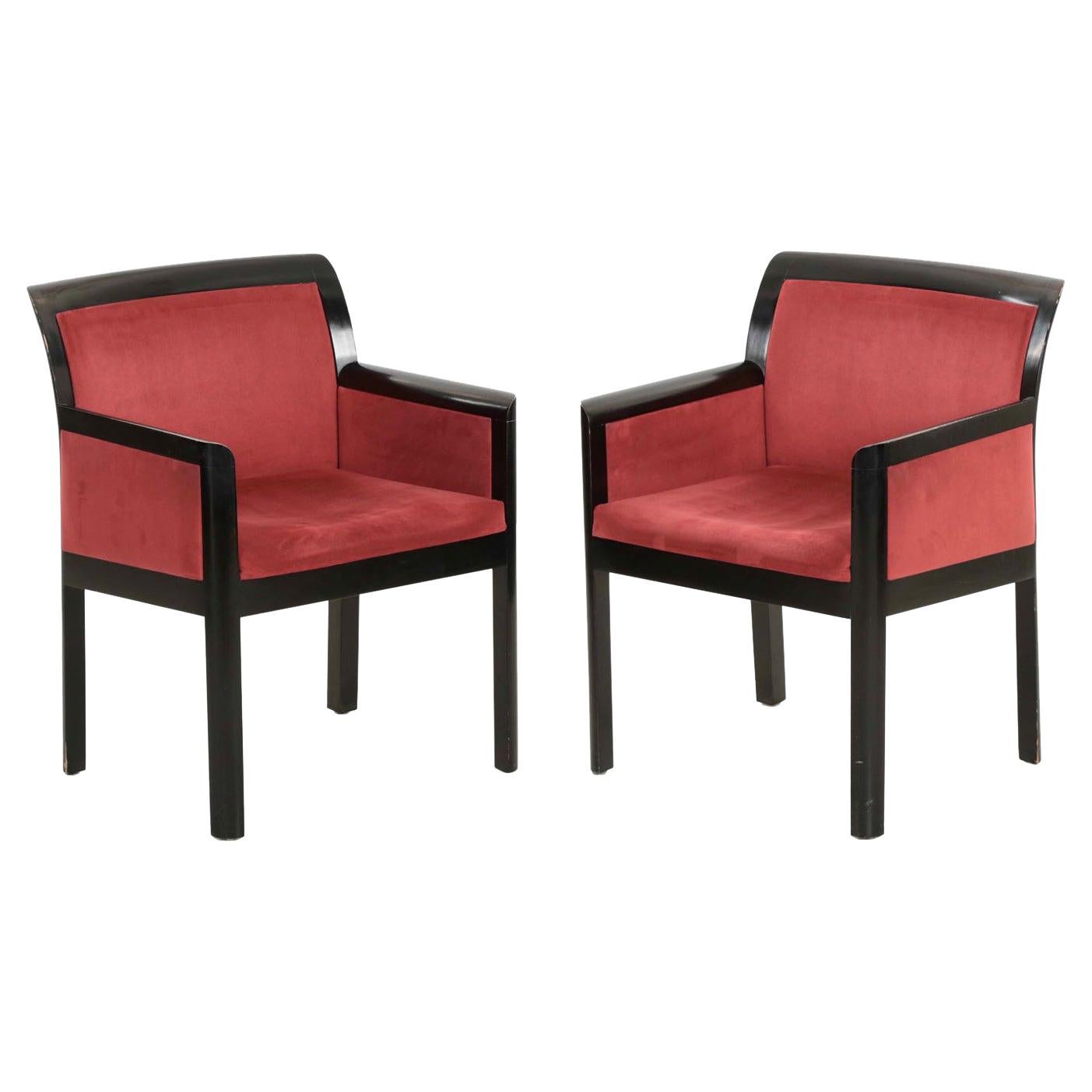 Art Deco Style Pair of Maroon Micro-Suede and Black Ebonized Armchairs