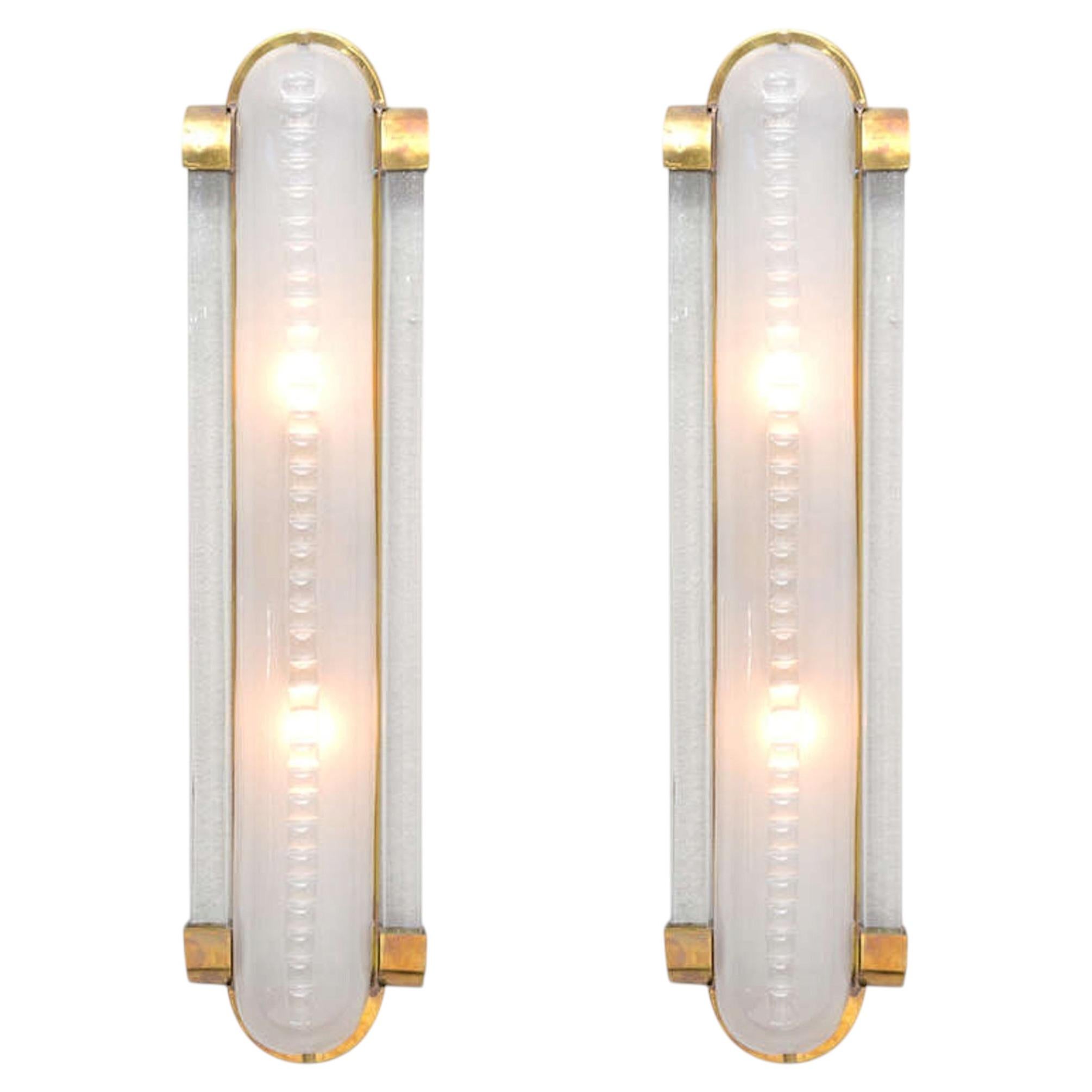 Art Deco Style Pair of Murano Glass and Brass Sconces