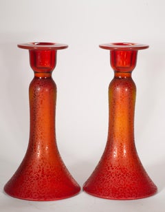 Art Deco Style Pair of Orange Glass Candle Holders with Etched Decor