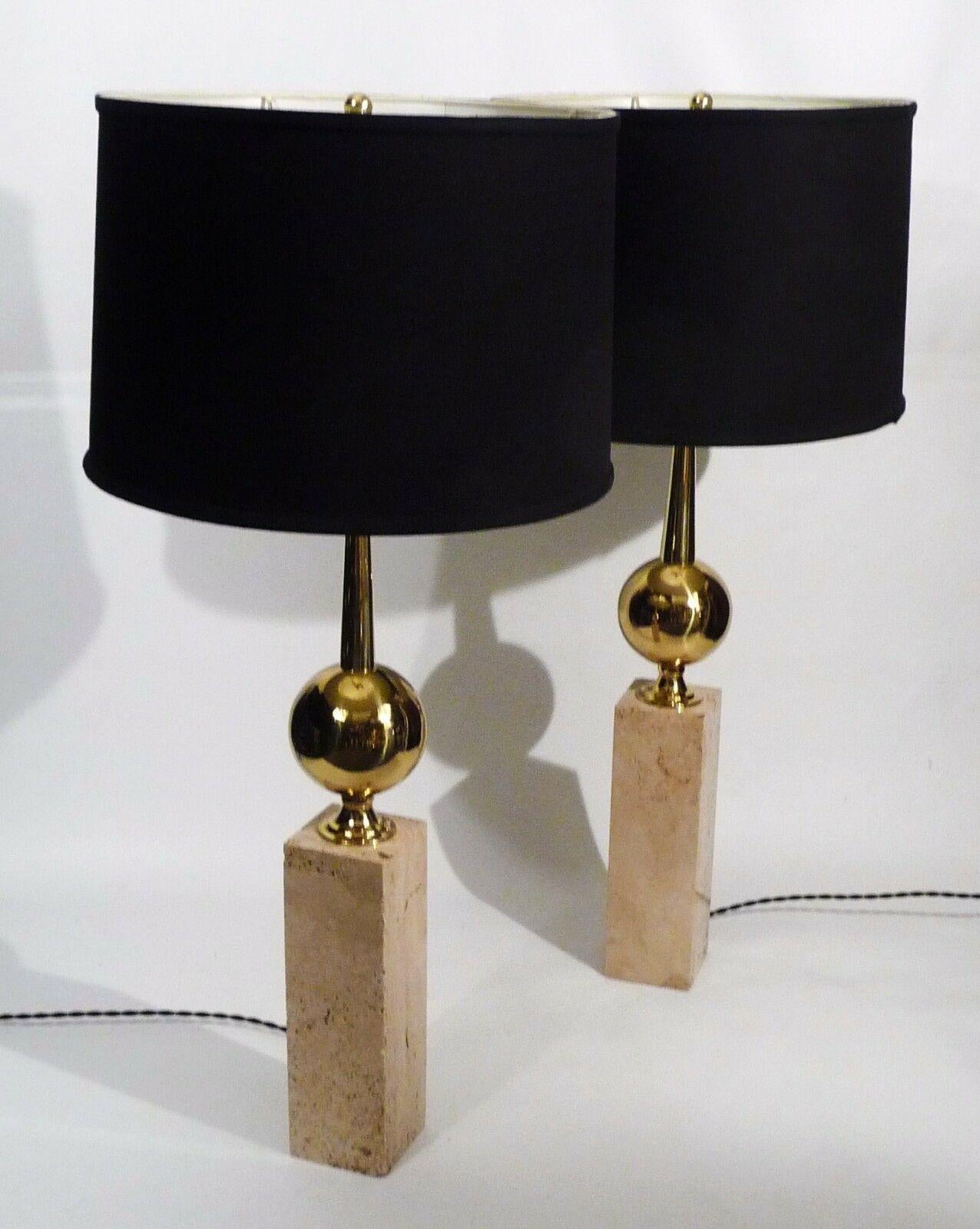 Art Deco Style Pair of Travertine & Brass Barbier Style Lamps Hollywood Regency In Good Condition In Keego Harbor, MI