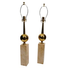 Vintage Art Deco Style Pair of Travertine & Brass Barbier Style Lamps Hollywood Regency