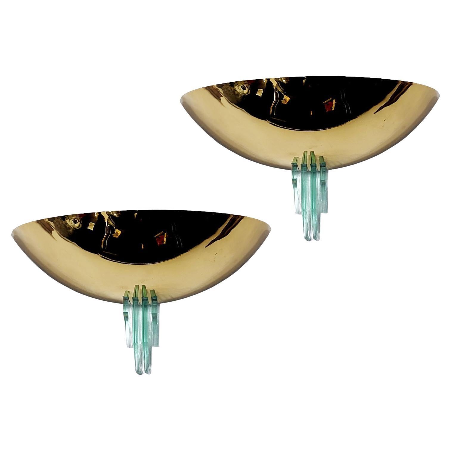 Art Deco Style Pair of Wall Lights made of Brass and Glass