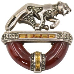Vintage Art Deco Style Panther Cat  Marcasite Citrine Carnelian Sterling Silver Brooch