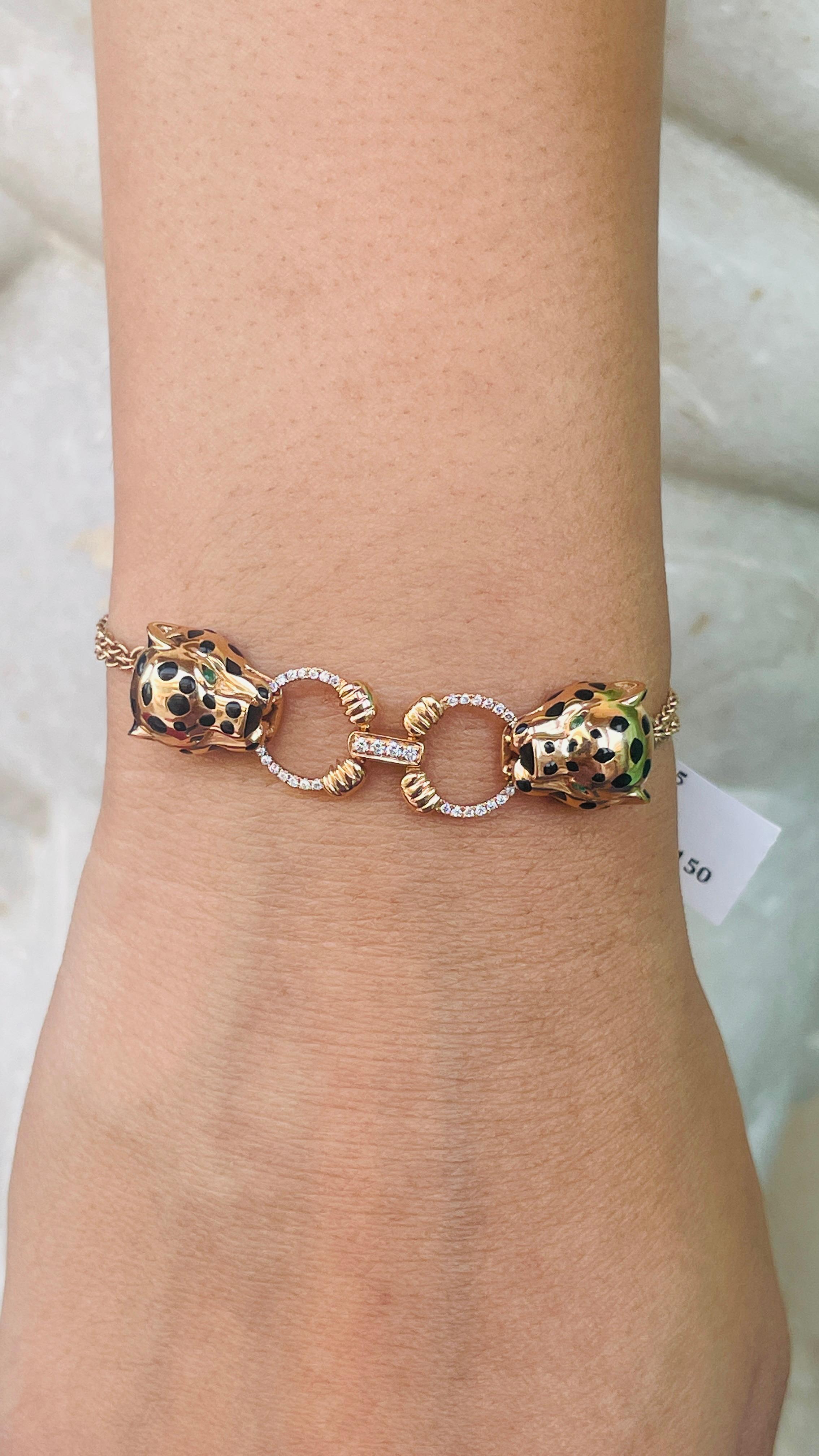 Bracelet à maillons panthère de style Art déco en or rose 18 carats avec émeraudes et diamants en vente 5