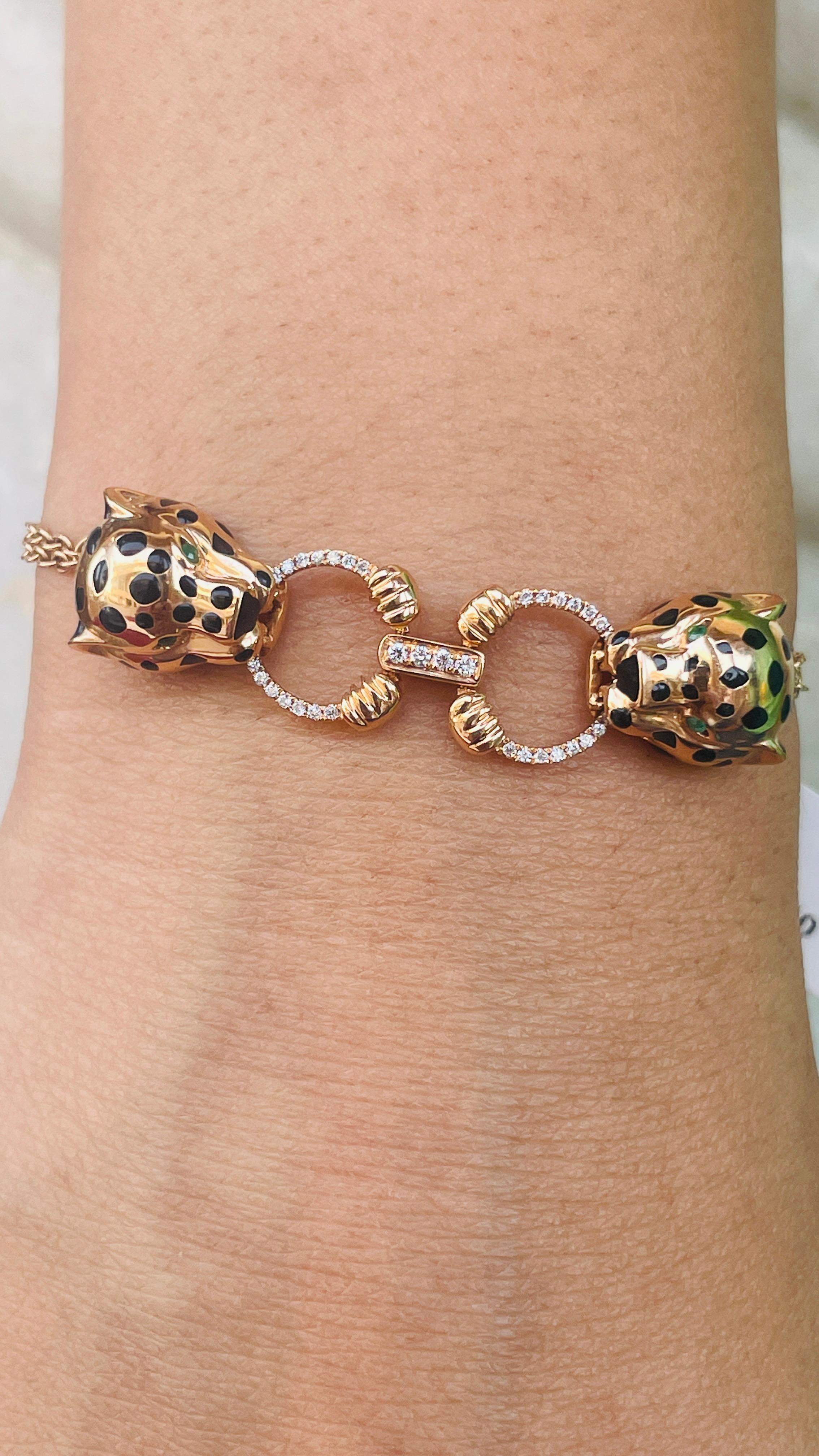 Bracelet à maillons panthère de style Art déco en or rose 18 carats avec émeraudes et diamants en vente 6