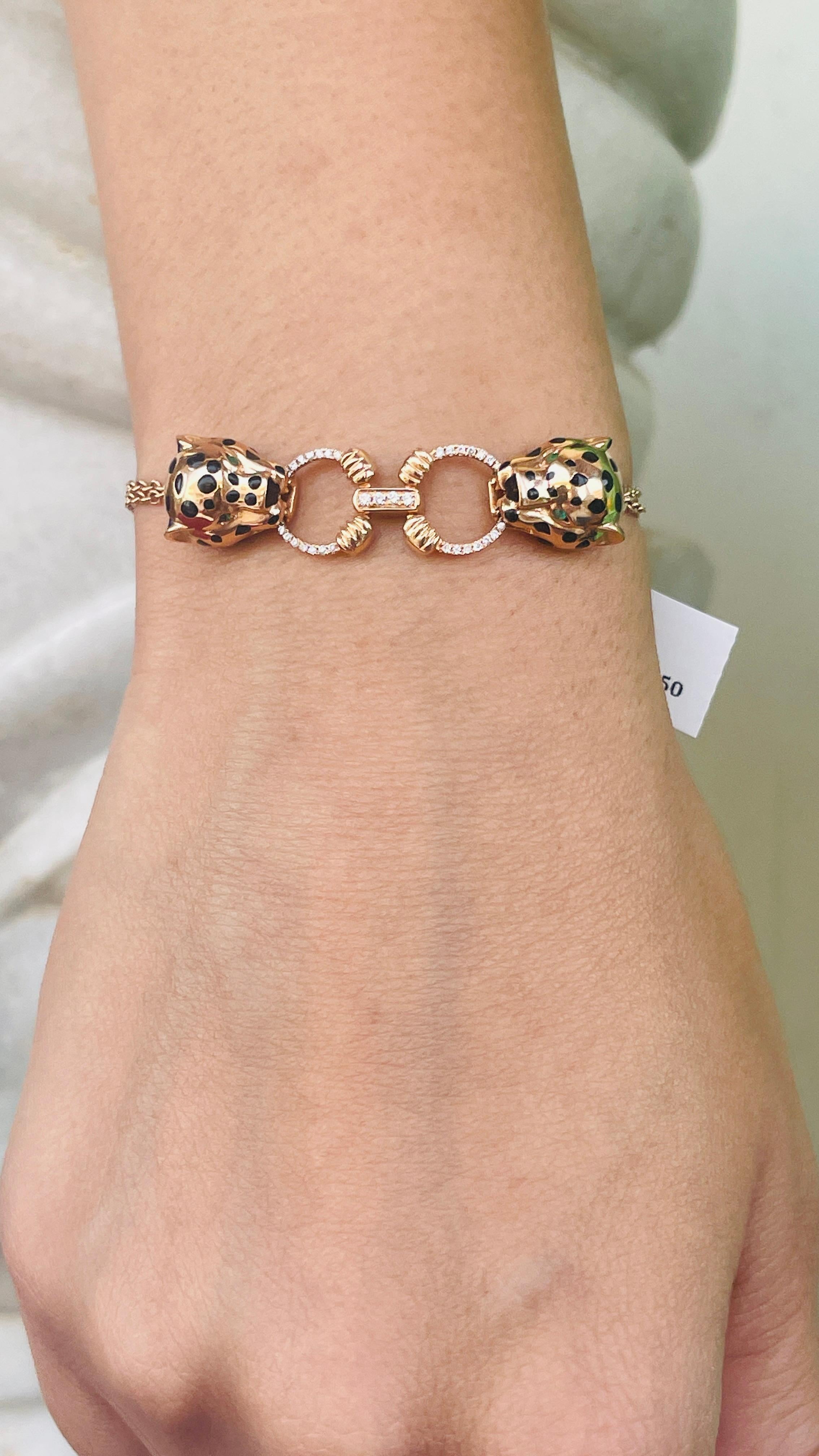 Bracelet à maillons panthère de style Art déco en or rose 18 carats avec émeraudes et diamants en vente 7
