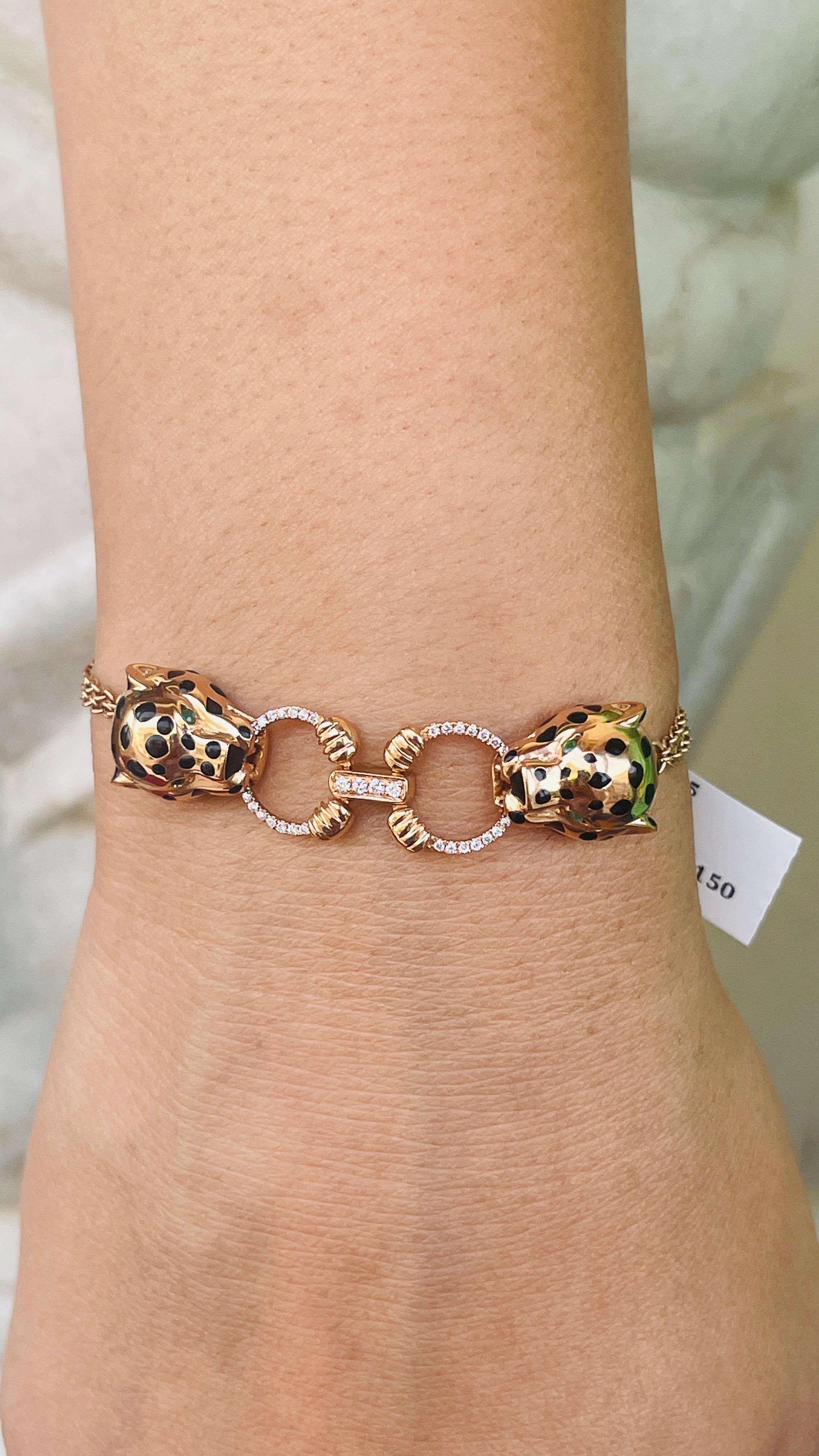Bracelet à maillons panthère de style Art déco en or rose 18 carats avec émeraudes et diamants en vente 8