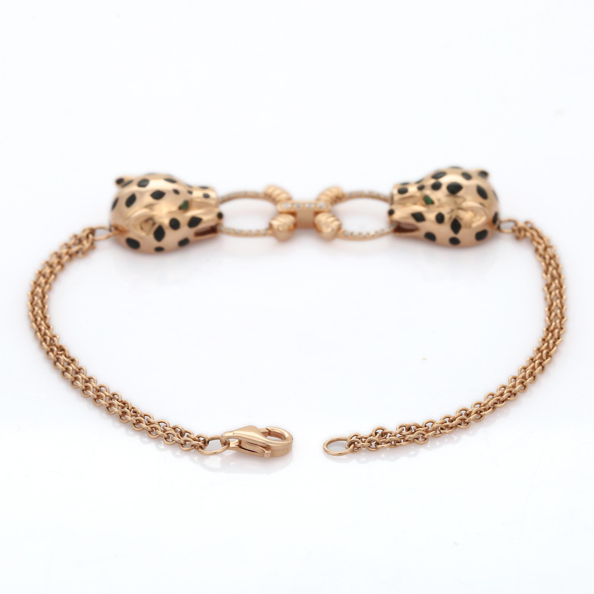 Bracelet à maillons panthère de style Art déco en or rose 18 carats avec émeraudes et diamants en vente 2