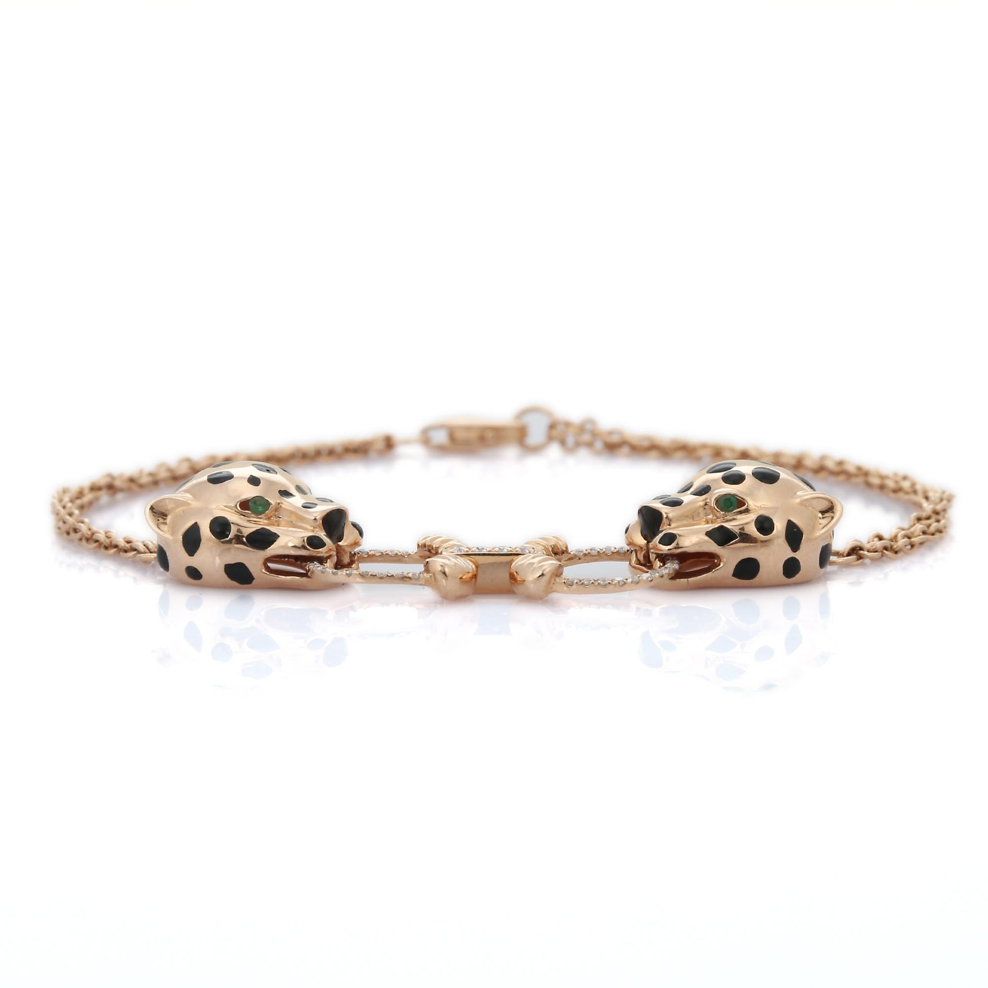 Bracelet à maillons panthère de style Art déco en or rose 18 carats avec émeraudes et diamants en vente 4