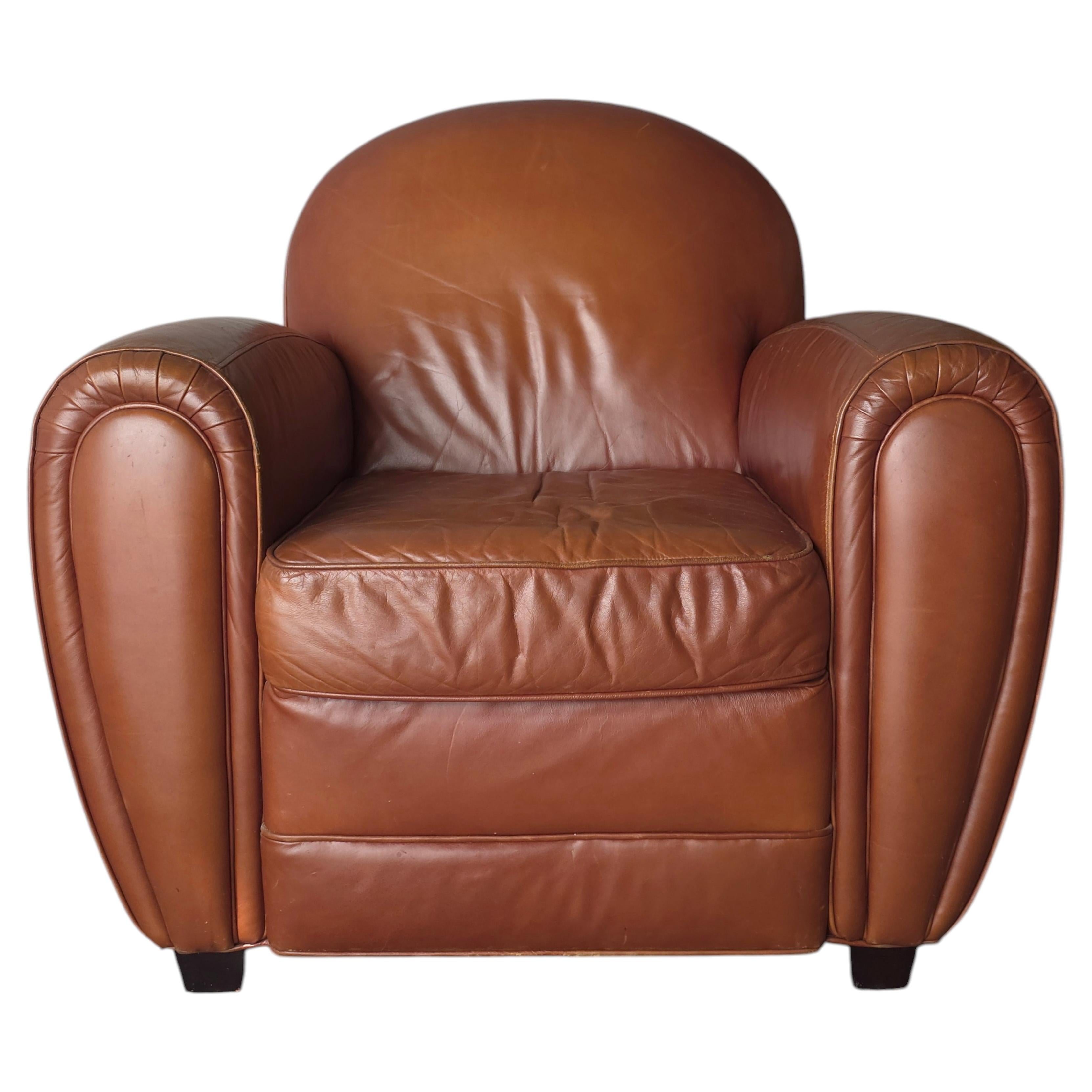 Art Deco Style Patinated Leather Club Chair For Sale