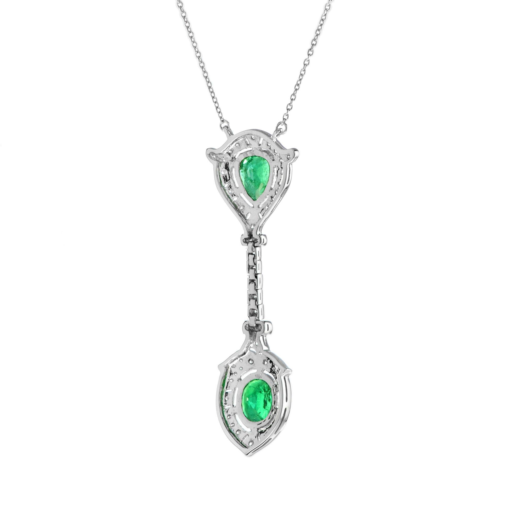 Oval Cut Art Deco Style Pear and Oval Emerald with Diamond Pendant Necklace in 18K Gold