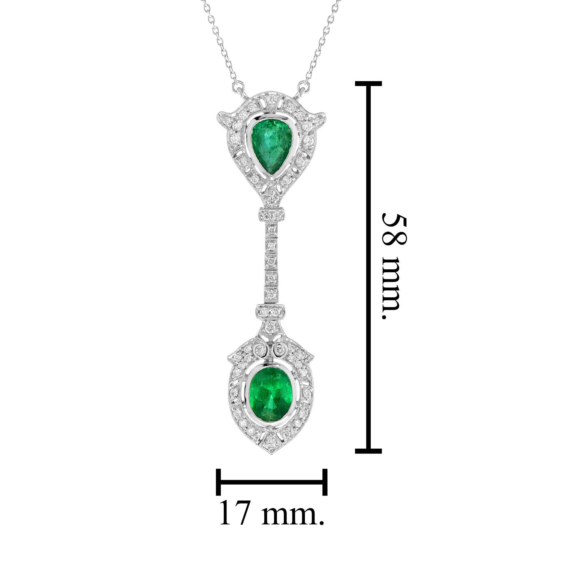 Women's Art Deco Style Pear and Oval Emerald with Diamond Pendant Necklace in 18K Gold