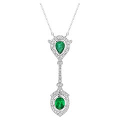 Art Deco Style Pear and Oval Emerald with Diamond Pendant Necklace in 18K Gold