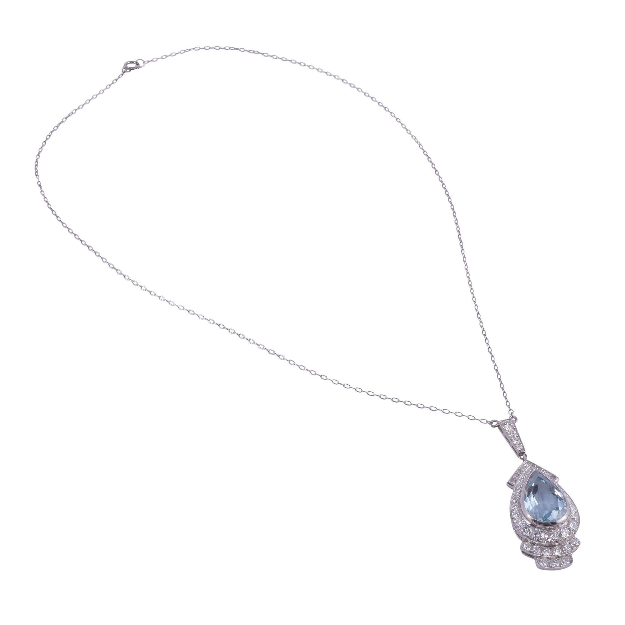 Pear Cut Art Deco Style Pear Aquamarine & Diamond Platinum Necklace For Sale