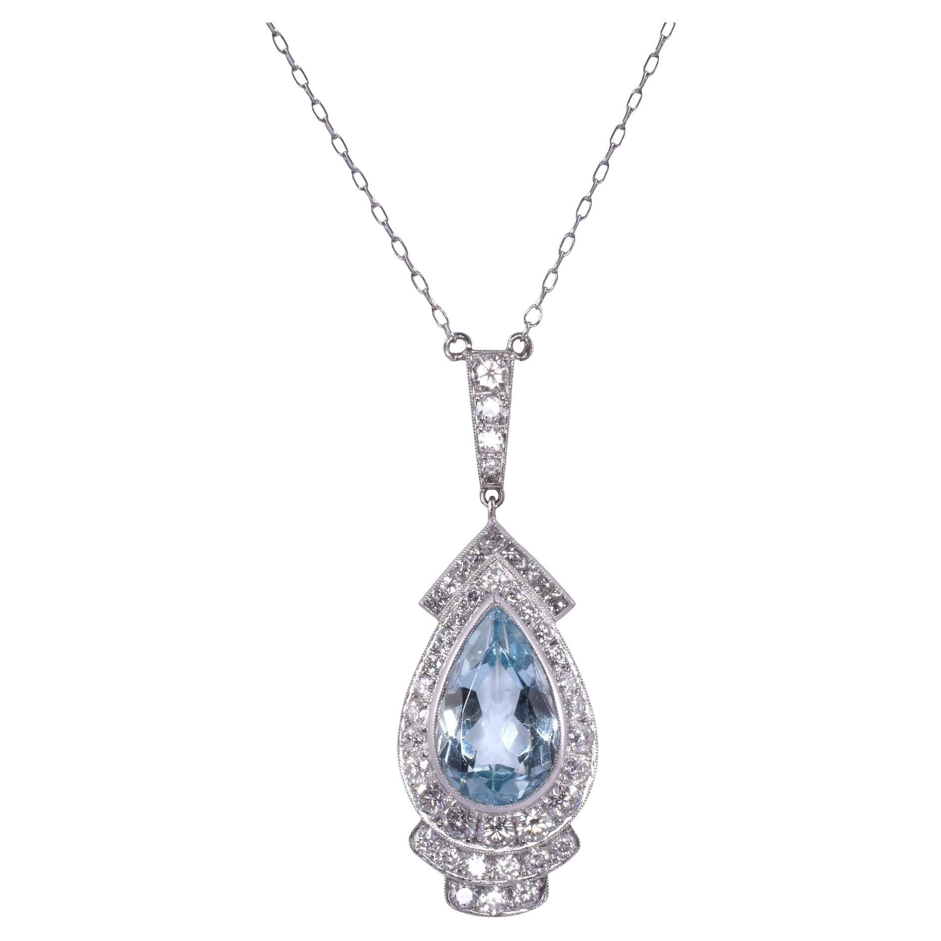 Art Deco Style Pear Aquamarine & Diamond Platinum Necklace For Sale