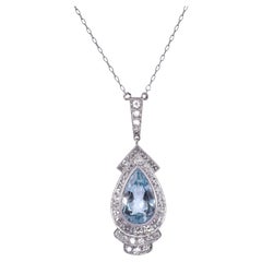 Art Deco Style Pear Aquamarine & Diamond Platinum Necklace