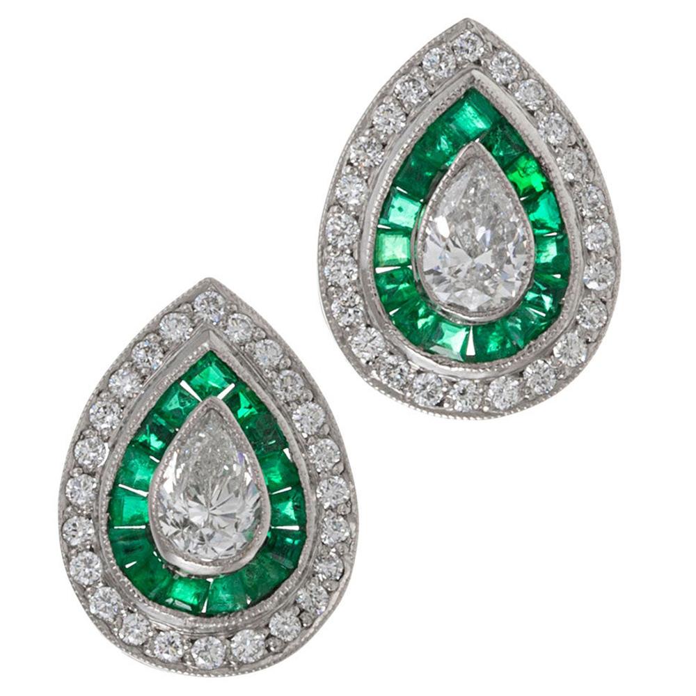Art Deco Style Pear Diamond and Emerald Earrings