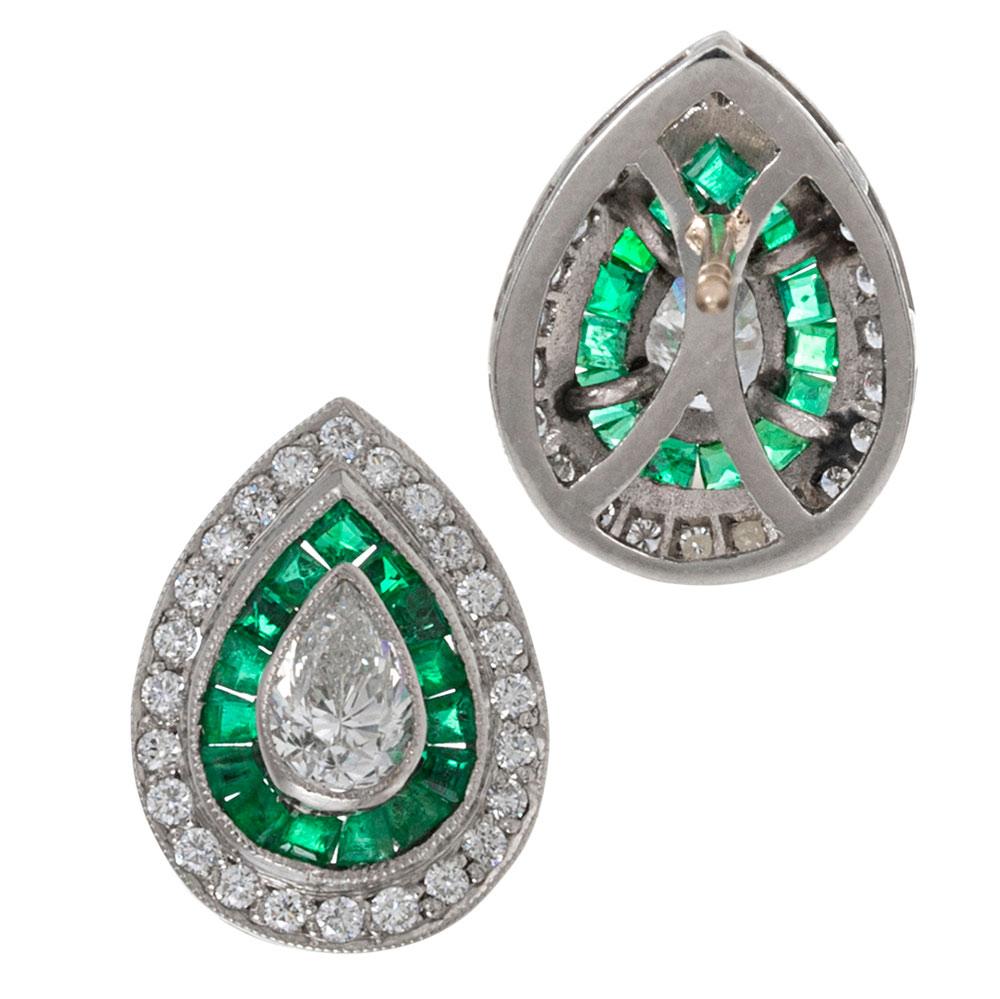 Pear Cut Art Deco Style Pear Diamond and Emerald Earrings