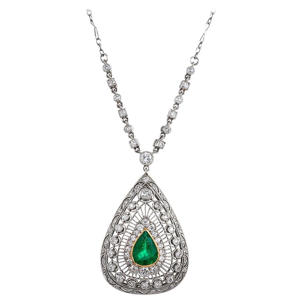 Art Deco Style Pear Emerald and Diamond Necklace