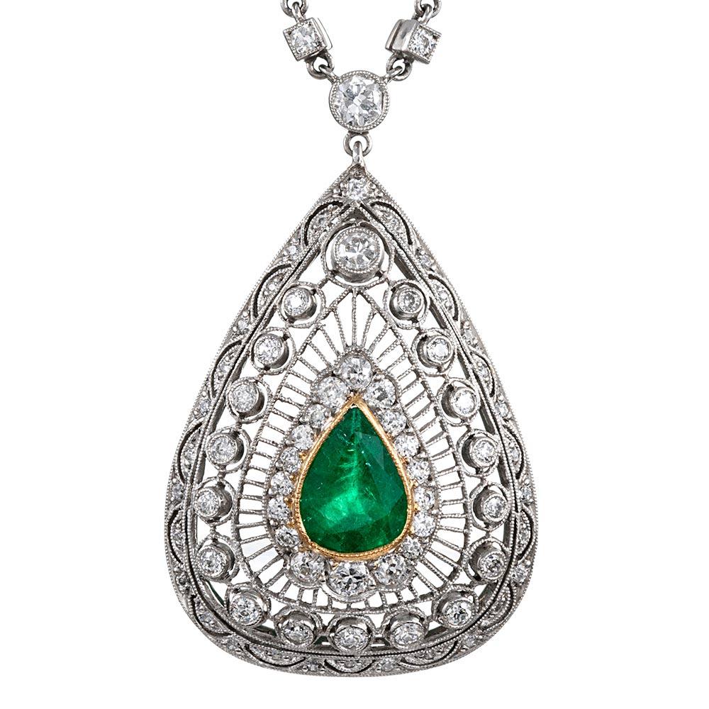 Pear Cut Art Deco Style Pear Emerald and Diamond Necklace