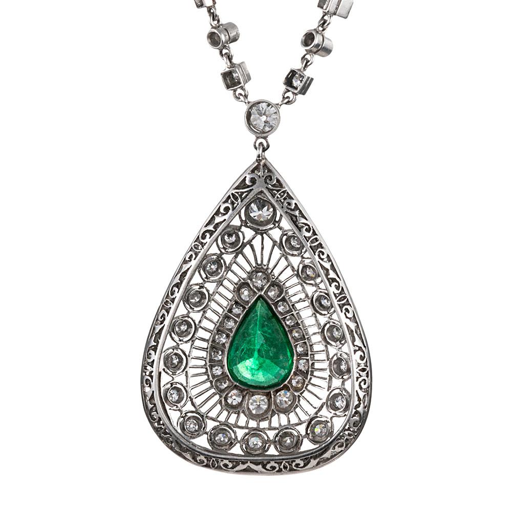 Art Deco Style Pear Emerald and Diamond Necklace In Good Condition In Carmel-by-the-Sea, CA