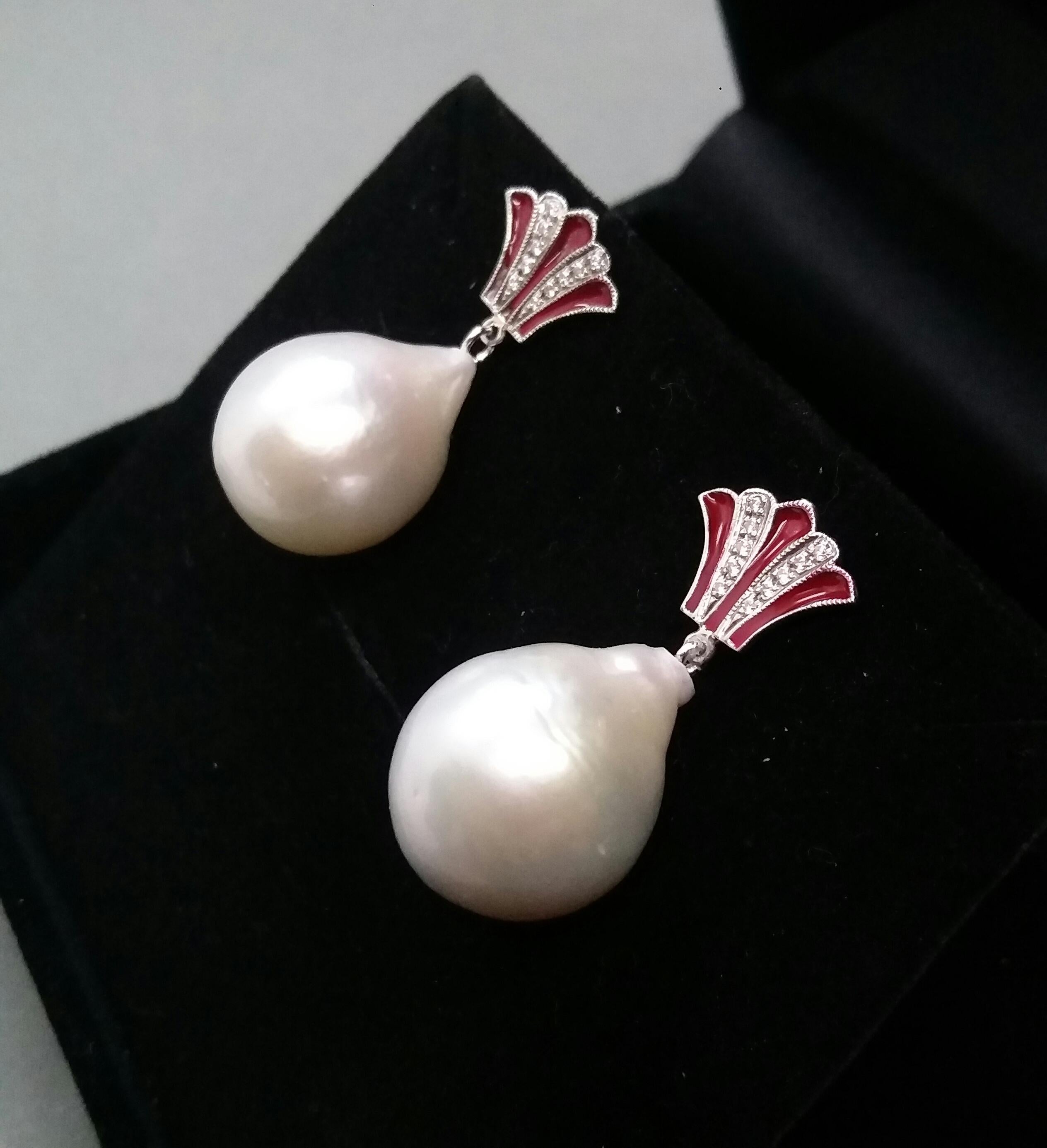 Art Deco Style Pear Shape Baroque Pearls Gold Diamonds Enamel Dangle Earrings For Sale 2