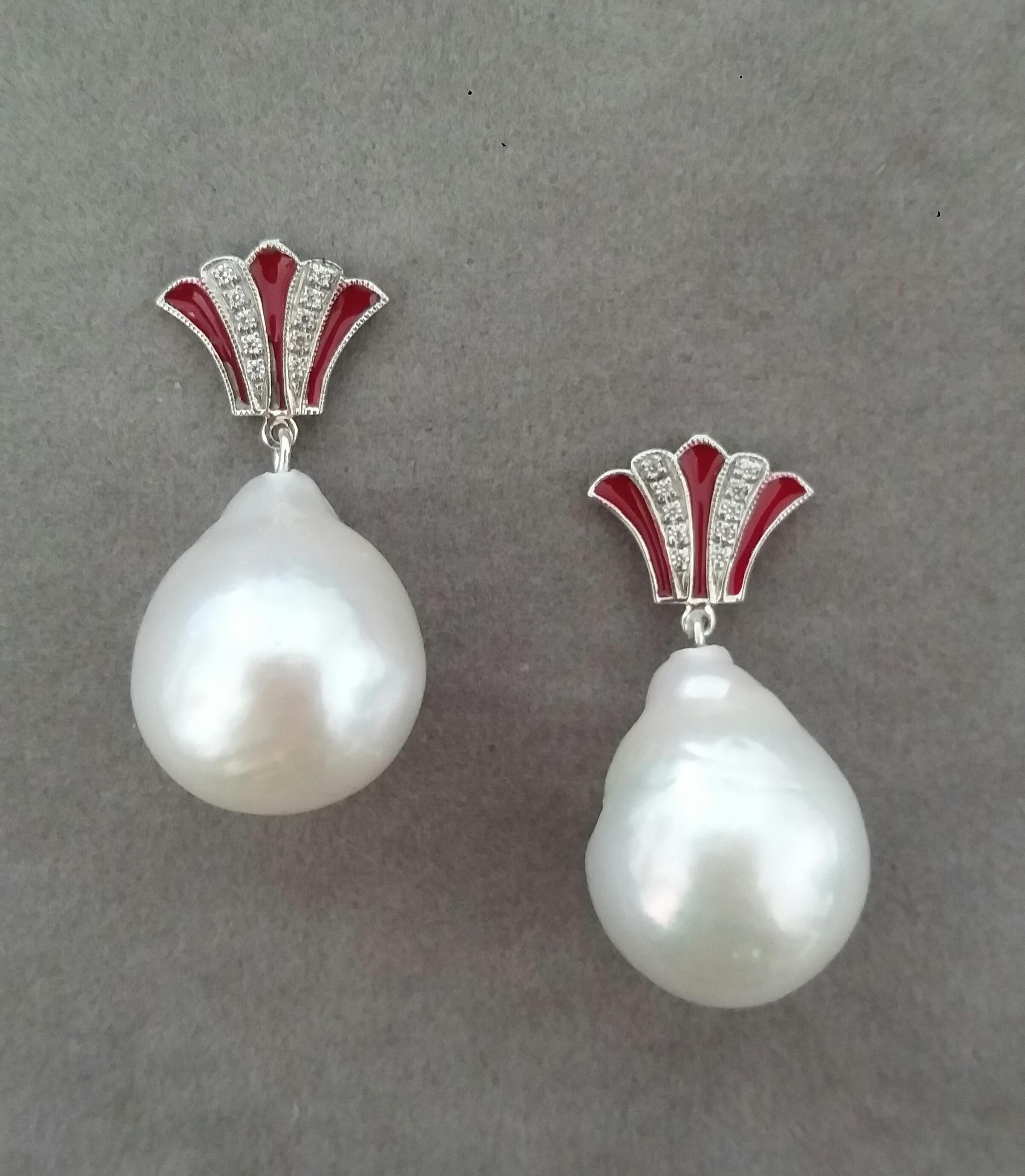 Unique pair of Very Big Size Pear Shape Baroque Pearls earrings with on top 2 white gold elements  in a Crown shape with 20 full cut round Diamonds and Red Enamel. In the bottom parts we have 2 Unusual White  Color Baroque Pearls measuring 16x 19