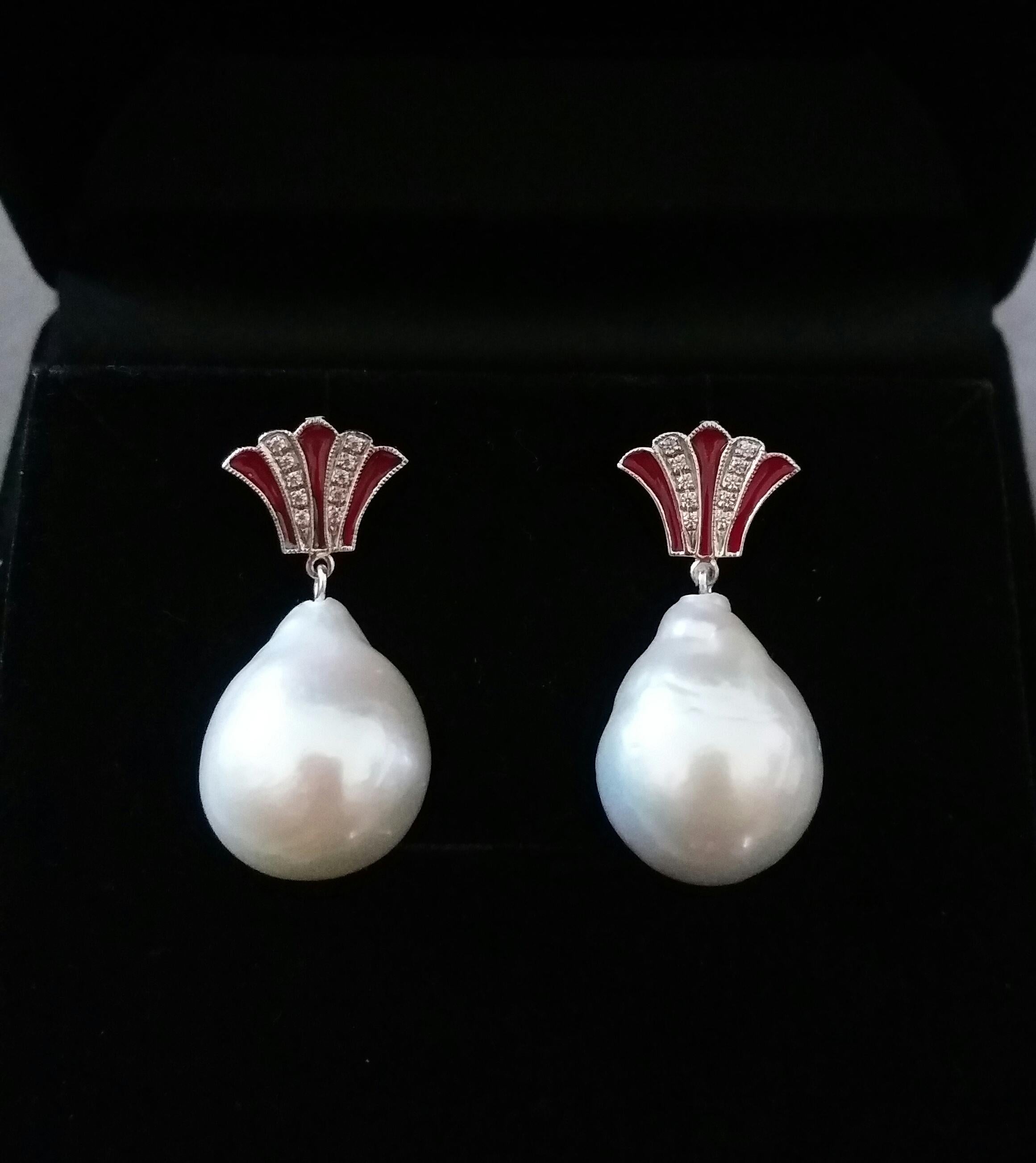 Pear Cut Art Deco Style Pear Shape Baroque Pearls Gold Diamonds Enamel Dangle Earrings For Sale