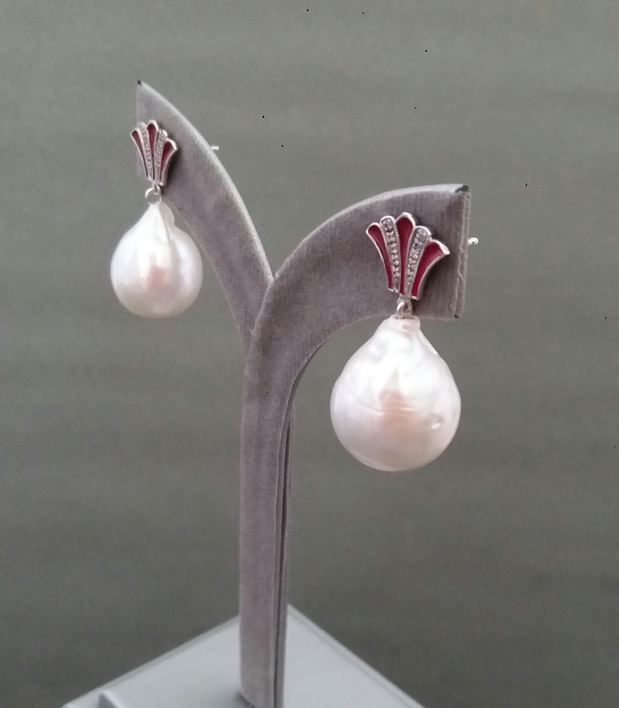 Women's Art Deco Style Pear Shape Baroque Pearls Gold Diamonds Enamel Dangle Earrings For Sale
