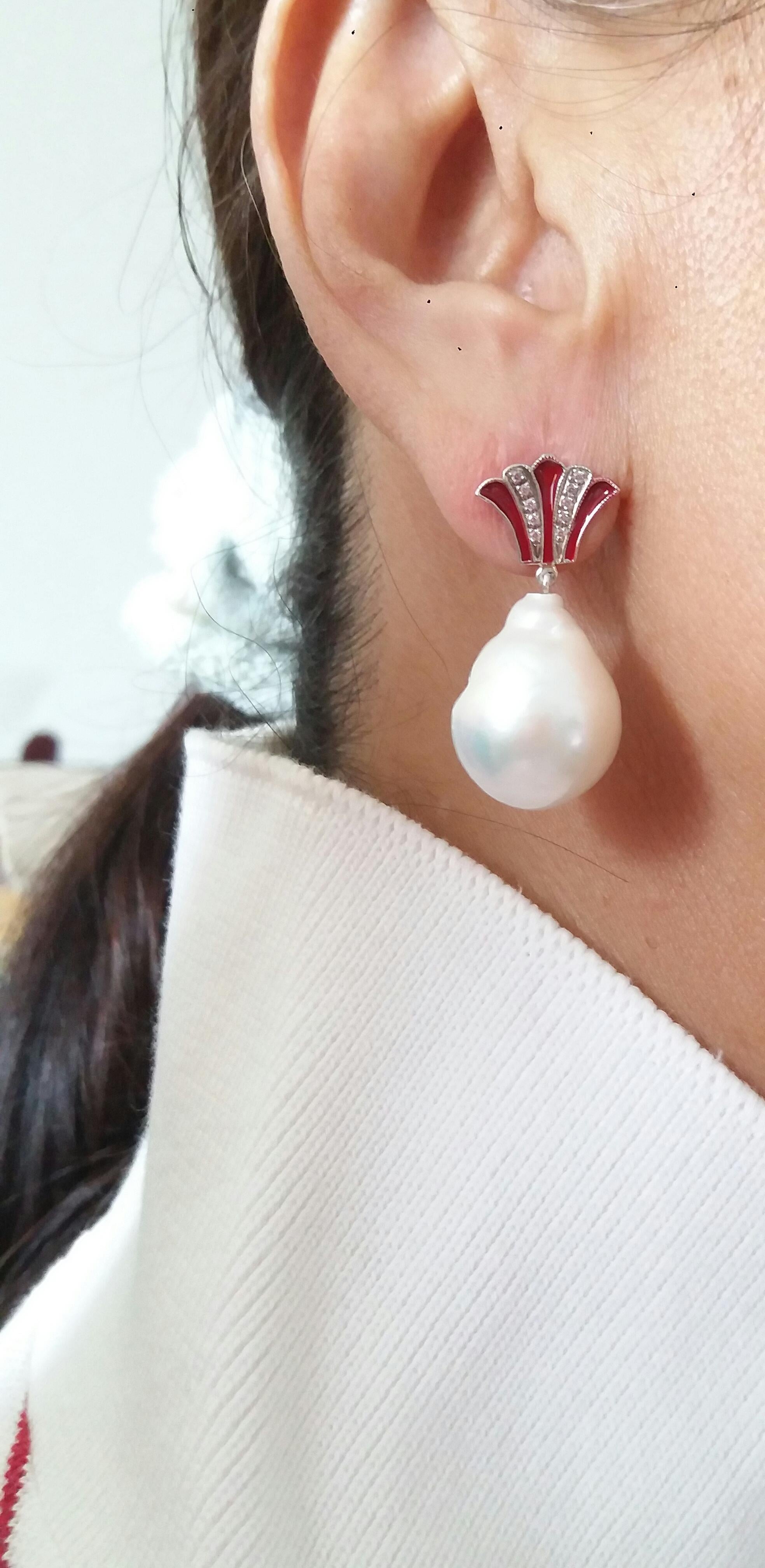 Art Deco Style Pear Shape Baroque Pearls Gold Diamonds Enamel Dangle Earrings For Sale 1