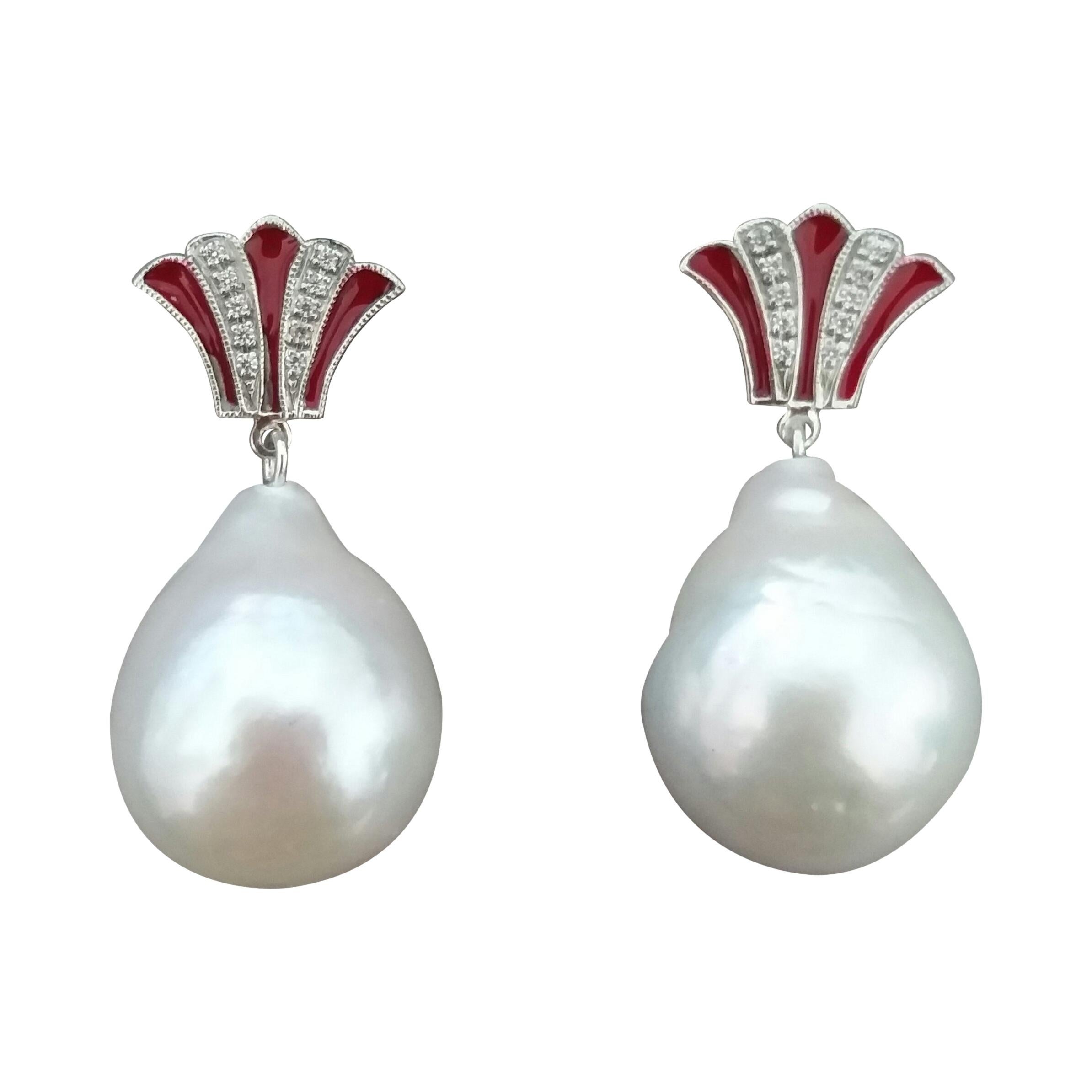 Art Deco Style Pear Shape Baroque Pearls Gold Diamonds Enamel Dangle Earrings