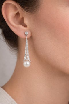 Pendants d'oreilles de style Art Déco en perles et topazes incolores argent, or