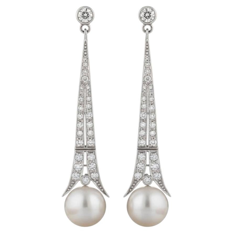 Art Deco Style Pearl and Colorless Topaz Drop Earrings silver, gold
