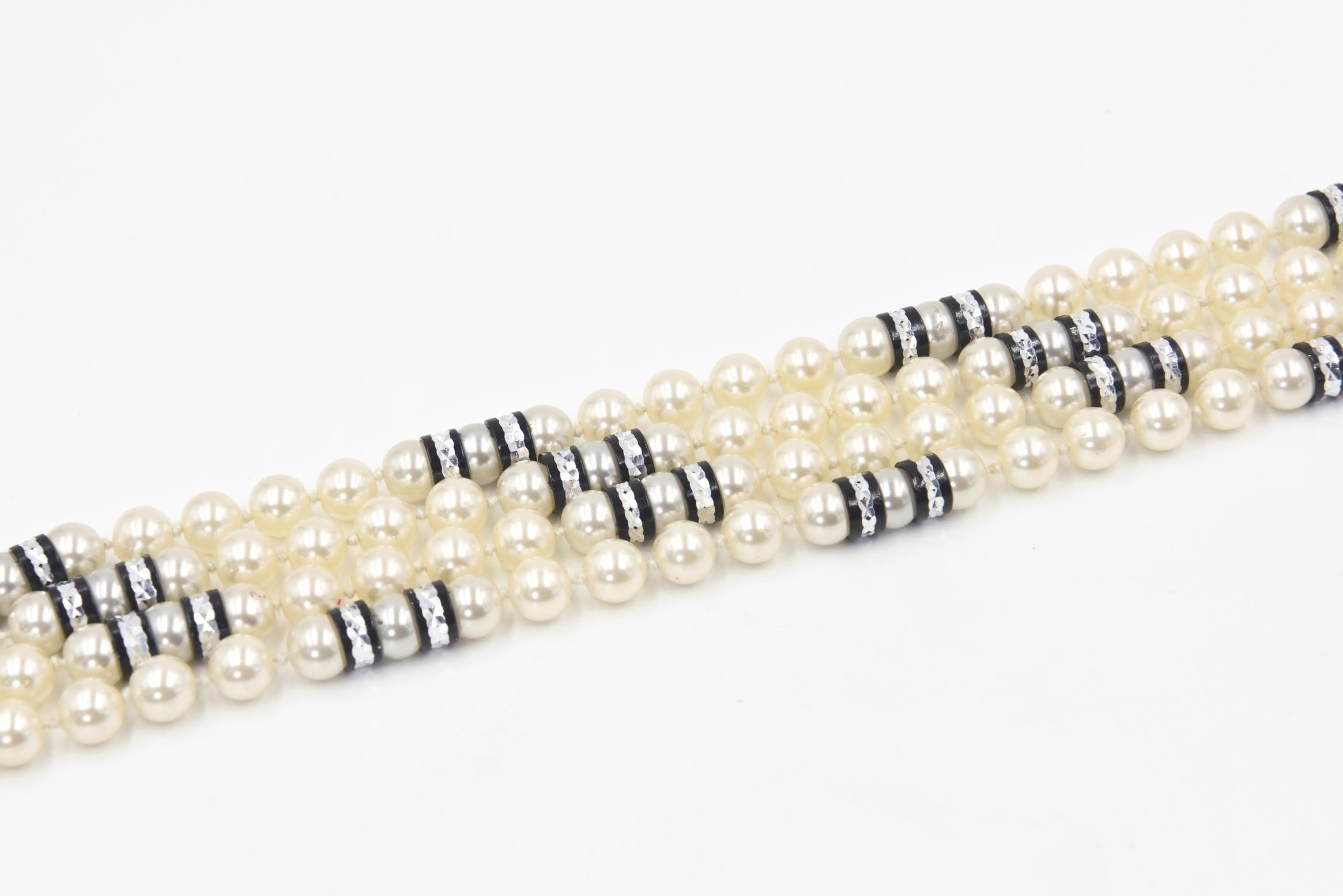 Bead Art Deco Style Long Pearl Necklace with Black Tassels