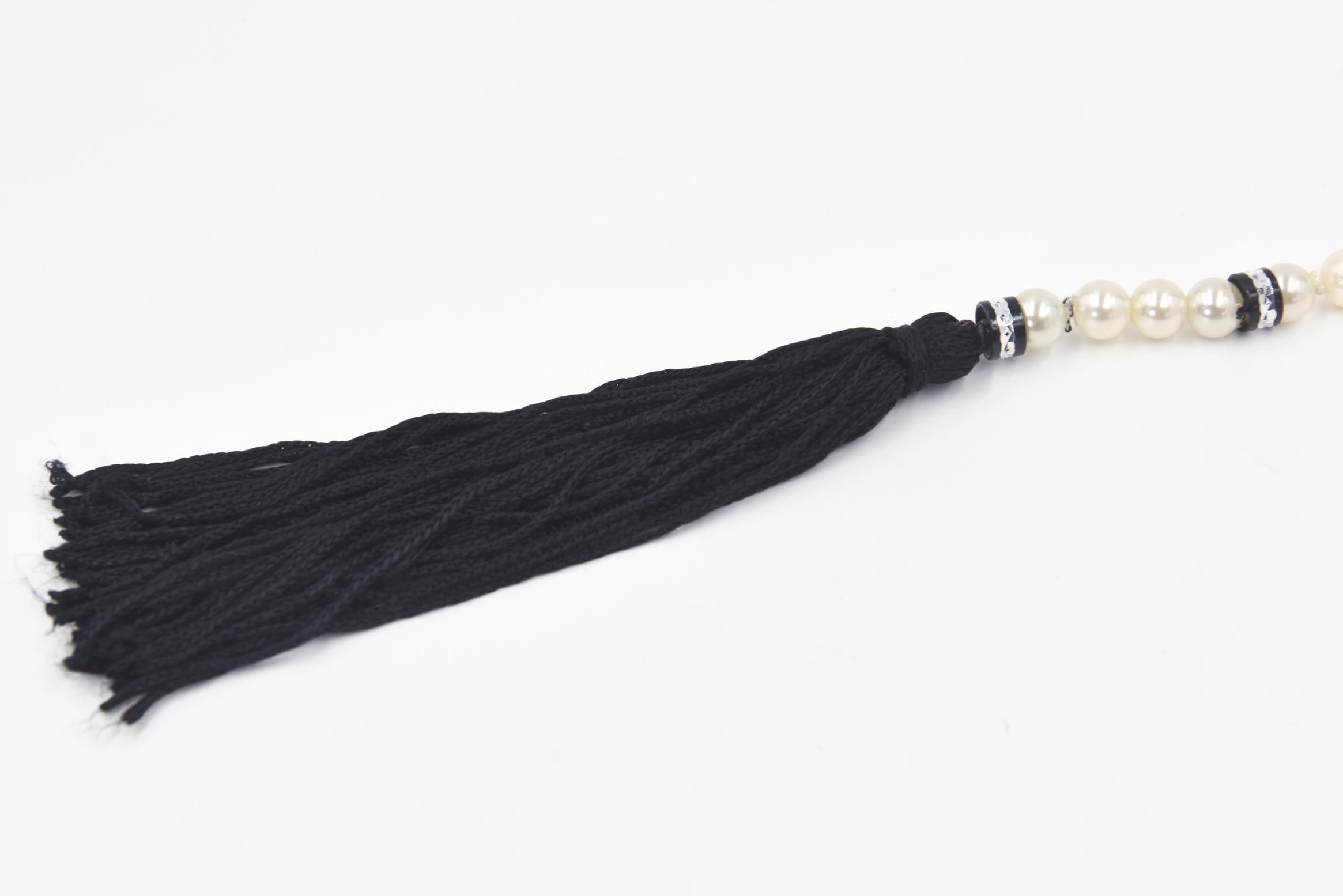 Art Deco Style Long Pearl Necklace with Black Tassels In Good Condition In Miami Beach, FL