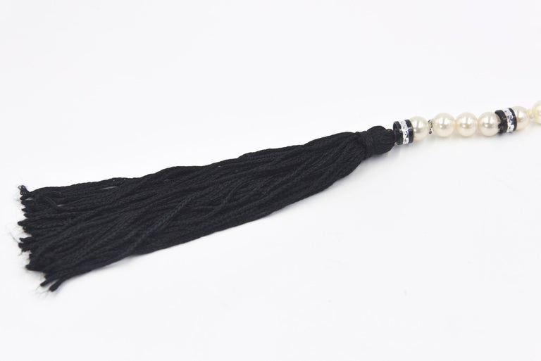 Art Deco Style Long Pearl Necklace with Black Tassels For Sale at 1stDibs