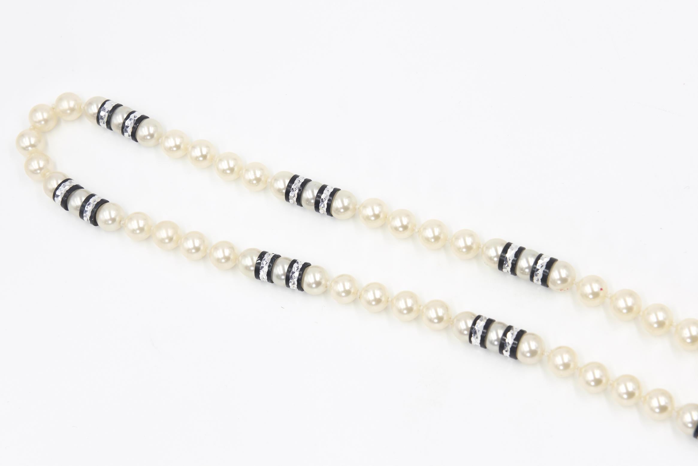Art Deco Style Long Pearl Necklace with Black Tassels 1