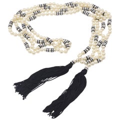 Vintage Art Deco Style Long Pearl Necklace with Black Tassels