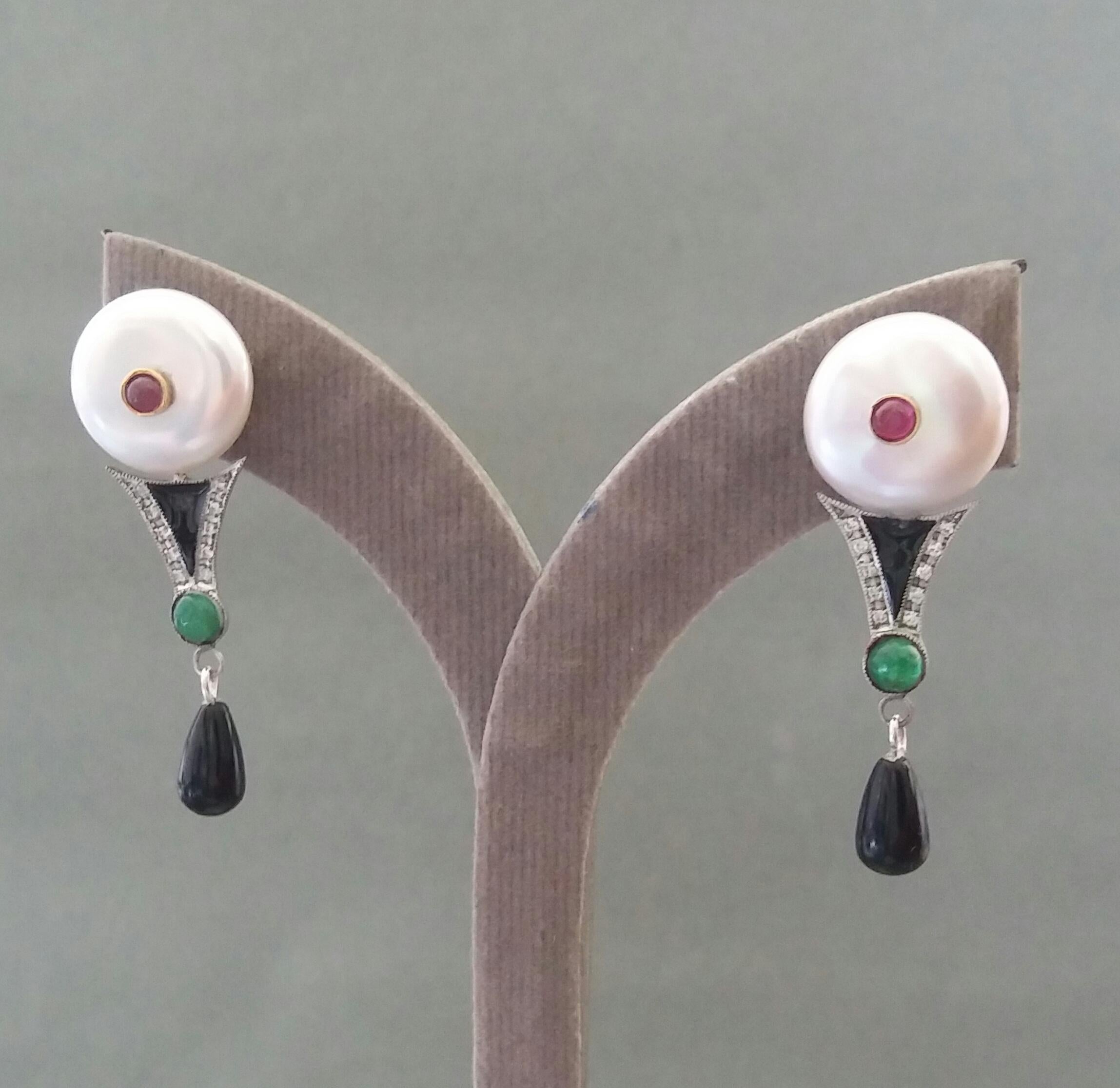 Art Deco Style Pearls Ruby Emeralds Gold Diamonds Onyx Enamel Jade Drop Earrings 4