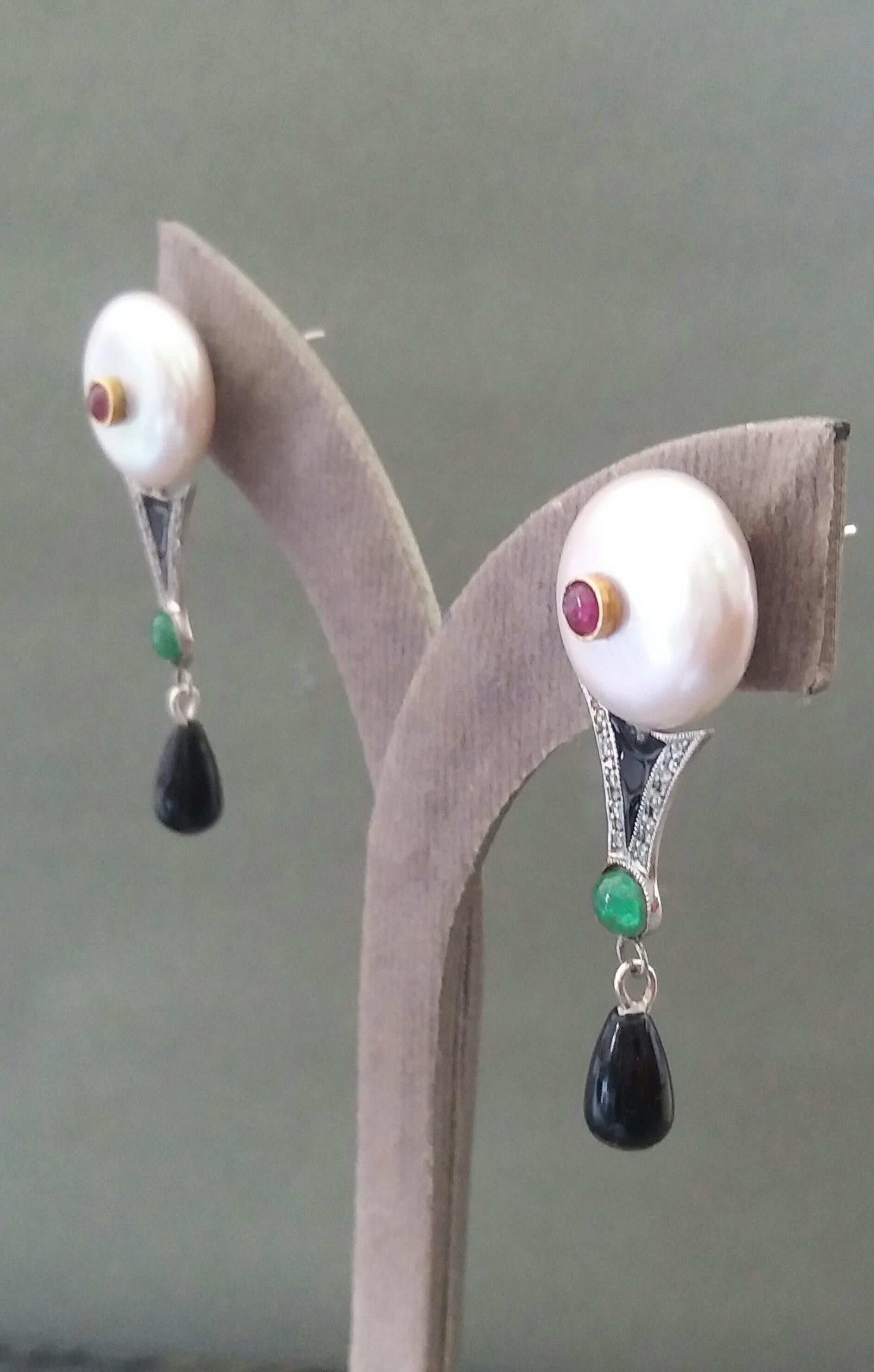 Art Deco Style Pearls Ruby Emeralds Gold Diamonds Onyx Enamel Jade Drop Earrings For Sale 6