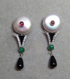 Art Deco Style Pearls Ruby Emeralds Gold Diamonds Onyx Enamel Jade Drop Earrings