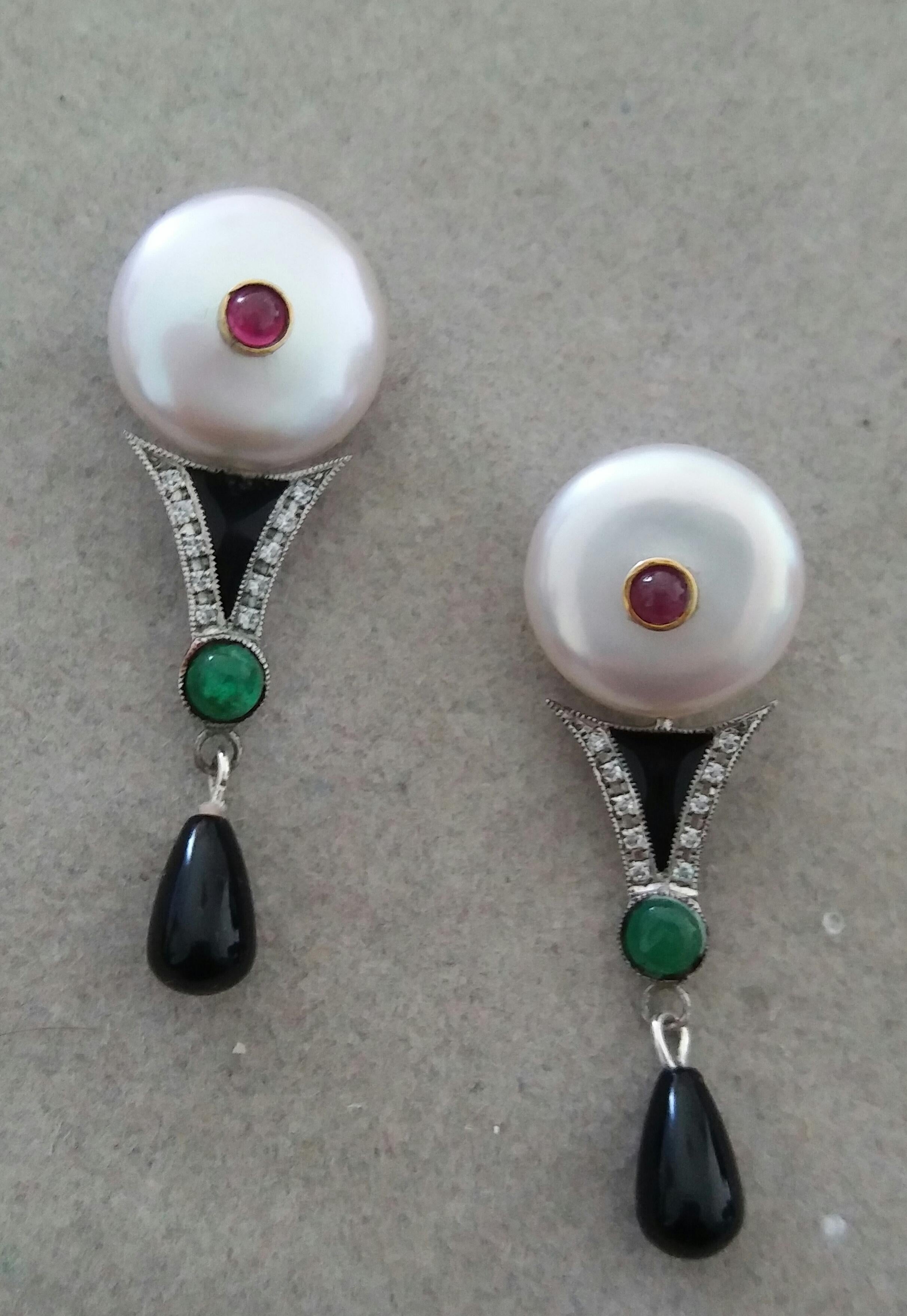 Mixed Cut Art Deco Style Pearls Ruby Emeralds Gold Diamonds Onyx Enamel Jade Drop Earrings For Sale