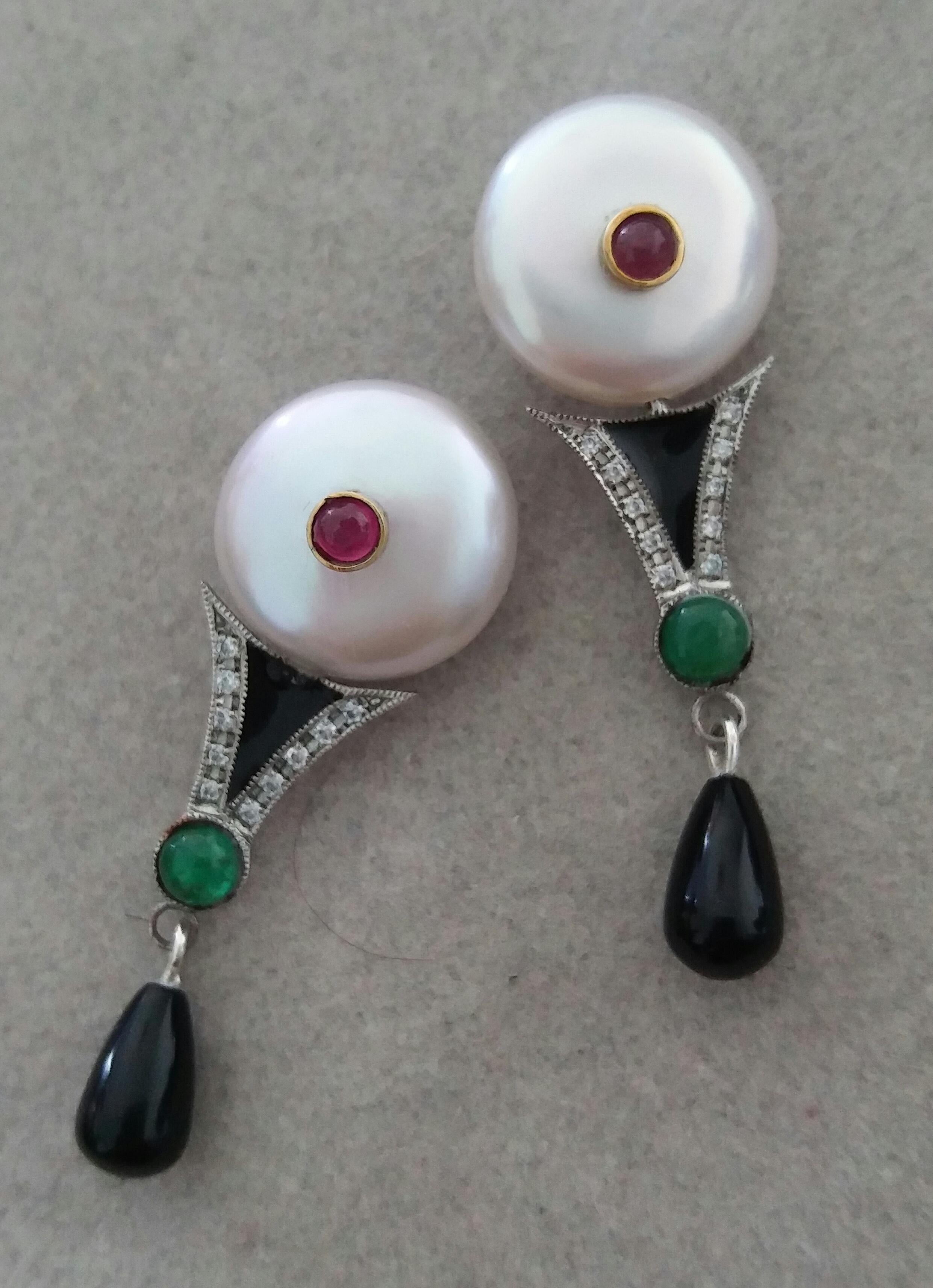 Mixed Cut Art Deco Style Pearls Ruby Emeralds Gold Diamonds Onyx Enamel Jade Drop Earrings