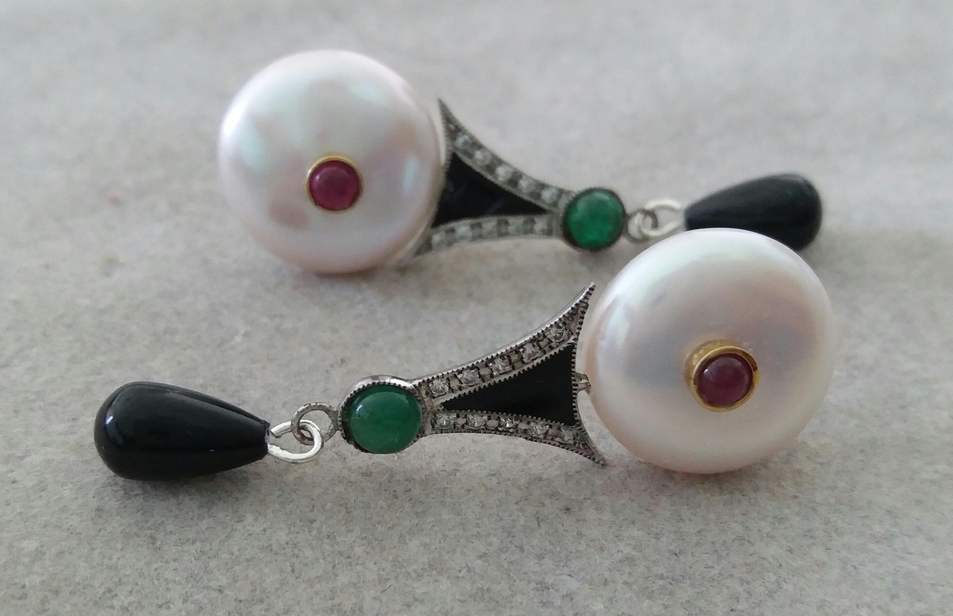 Art Deco Style Pearls Ruby Emeralds Gold Diamonds Onyx Enamel Jade Drop Earrings In Good Condition In Bangkok, TH