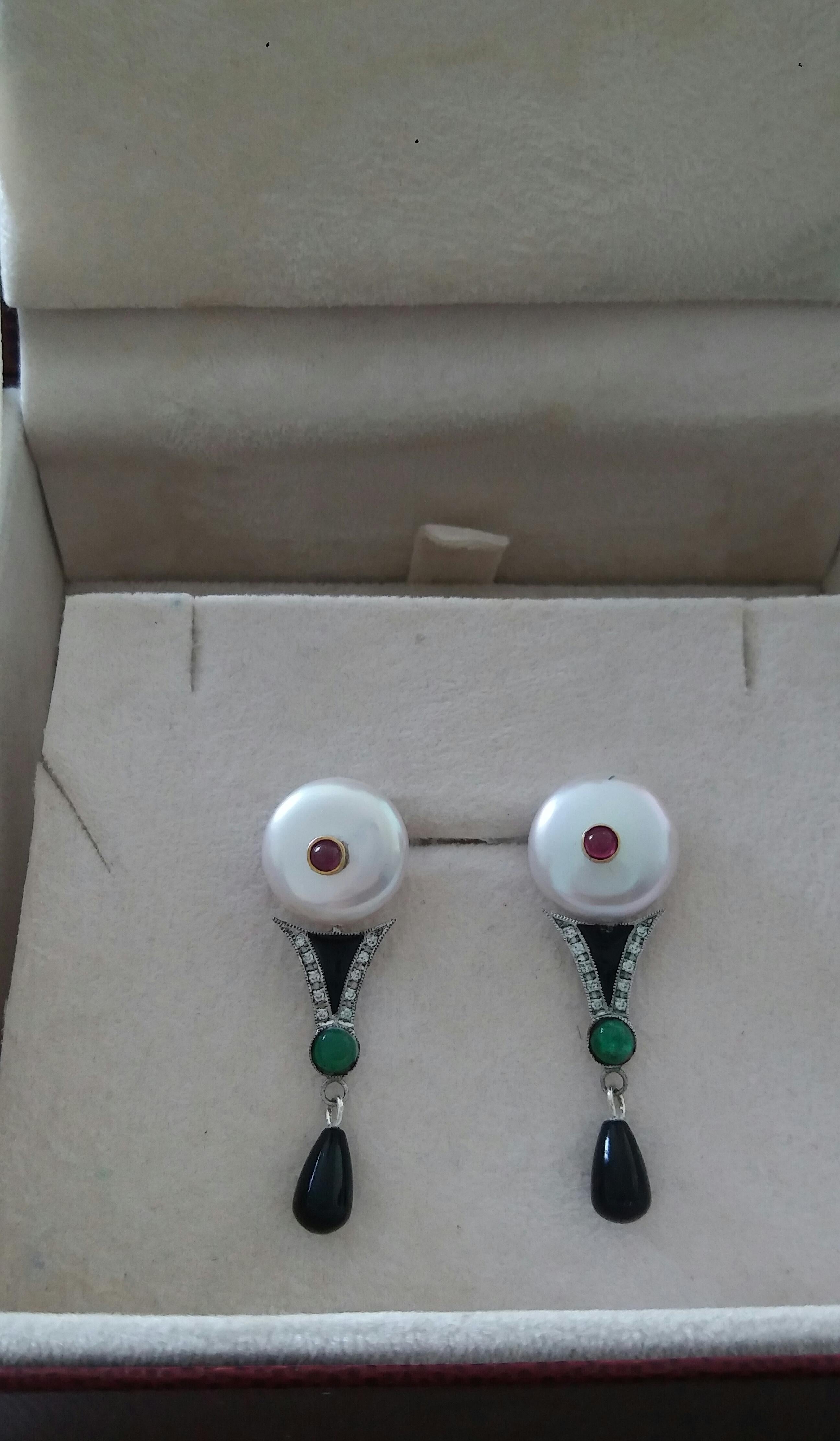 Art Deco Style Pearls Ruby Emeralds Gold Diamonds Onyx Enamel Jade Drop Earrings For Sale 2